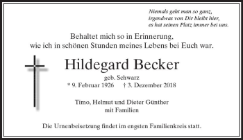 Traueranzeige von Hildegard Becker von  Usinger Anzeiger