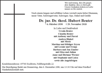 Traueranzeige von Hubert Beuter von vrm-trauer