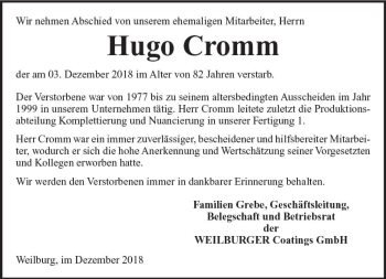 Traueranzeige von Hugo Cromm von  WT - Weilburger Tageblatt ()