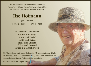 Traueranzeige von Ilse Hofmann von VRM Trauer