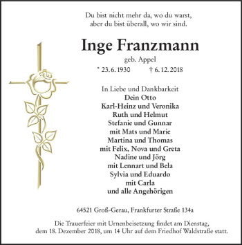 Traueranzeige von Inge Franzmann von vrm-trauer