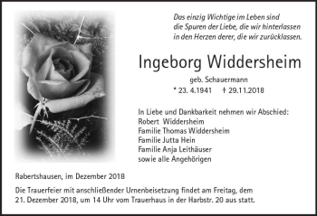 Traueranzeige von Ingeborg Widdersheim von  Kreisanzeiger