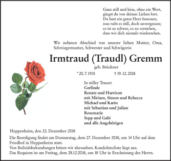 Traueranzeige von Irmtraud  Gremm von vrm-trauer