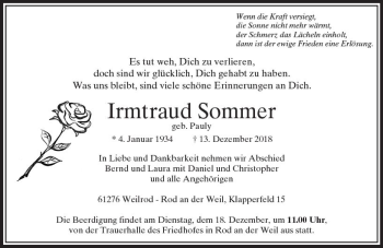 Traueranzeige von Irmtraud Sommer von  Usinger Anzeiger
