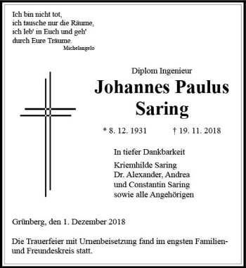 Traueranzeige von Johannes Paulus Saring von  Gießener Anzeiger