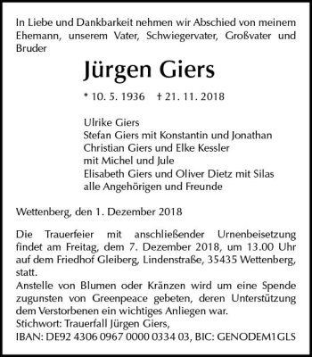 Traueranzeige von Jürgen Giers von  Gießener Anzeiger