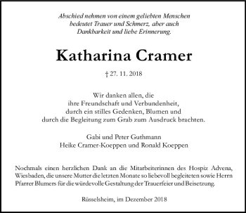 Traueranzeige von Katharina Cramer von vrm-trauer