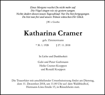 Traueranzeige von Katharina Cramer von vrm-trauer