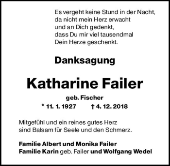 Traueranzeige von Katharine Failer von vrm-trauer