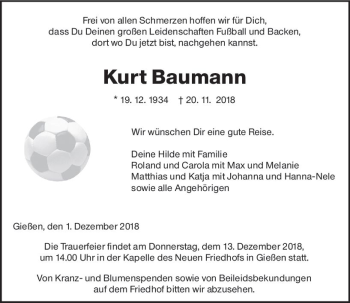 Traueranzeige von Kurt Baumann von  Gießener Anzeiger