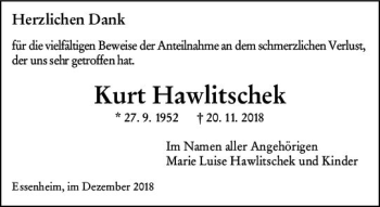 Traueranzeige von Kurt Hawlitschek von vrm-trauer