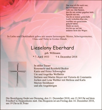 Traueranzeige von Lieselony Eberhard von vrm-trauer