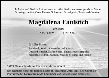 Traueranzeige von Magdalena Faulstich von vrm-trauer
