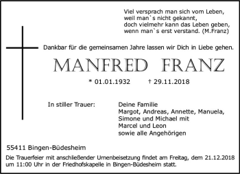 Traueranzeige von Manfred Franz von vrm-trauer