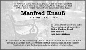 Traueranzeige von Manfred Knauß von  Kreisanzeiger
