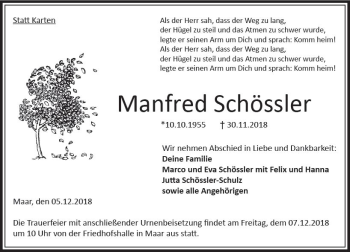 Traueranzeige von Manfred Schössler von VRM Trauer