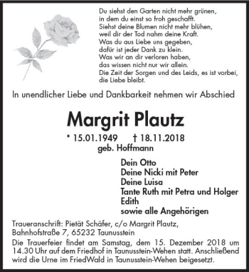 Traueranzeige von Margrit Plautz von vrm-trauer