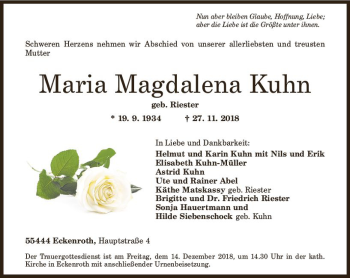 Traueranzeige von Maria Magdalena Kuhn von vrm-trauer