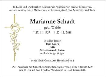 Traueranzeige von Marianne Schadt von vrm-trauer
