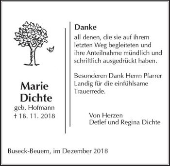 Traueranzeige von Marie Dichte von  Gießener Anzeiger