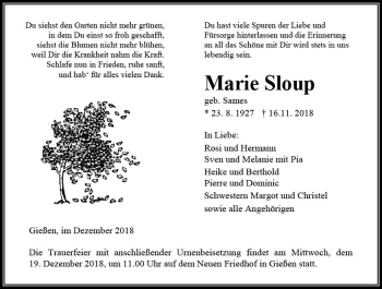 Traueranzeige von Marie Sloup von  Gießener Anzeiger