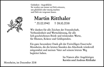 Traueranzeige von Martin Ritthaler von vrm-trauer