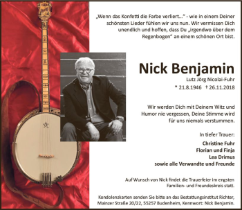 Traueranzeige von Nick Benjamin von vrm-trauer