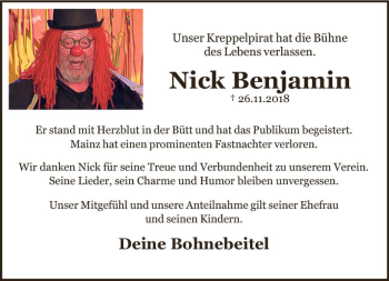 Traueranzeige von Nick Benjamin von vrm-trauer