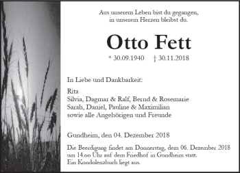 Traueranzeige von Otto Fett von vrm-trauer