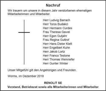Traueranzeige von Renolit SE trauert um von vrm-trauer