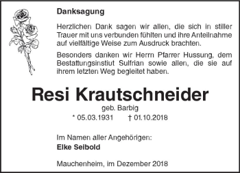 Traueranzeige von Resi Krautschneider von vrm-trauer