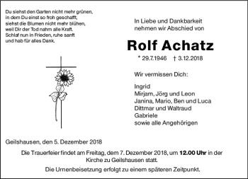 Traueranzeige von Rolf Achatz von  Gießener Anzeiger