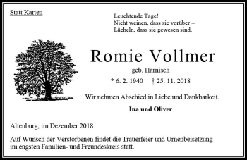 Traueranzeige von Romie Vollmer von VRM Trauer