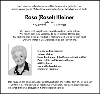 Traueranzeige von Rosa Kleiner von vrm-trauer
