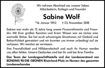 Traueranzeige von Sabine Wolf von vrm-trauer