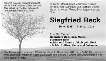 Traueranzeige von Siegfried Reck von  Kreisanzeiger