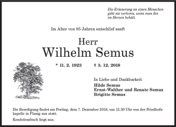 Traueranzeige von Wilhelm Semus von vrm-trauer