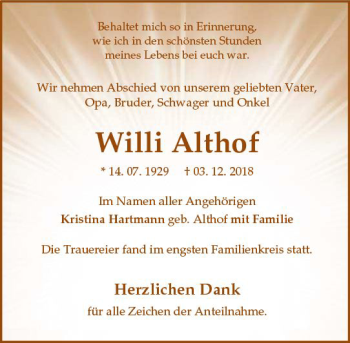 Traueranzeige von Willi Althof von  WNZ - Wetzlarer Neue Zeitung ()