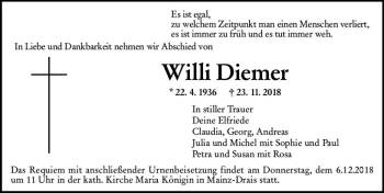 Traueranzeige von Willi Diemer von vrm-trauer