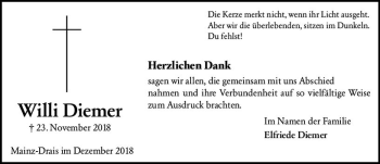 Traueranzeige von Willi Diemer von vrm-trauer