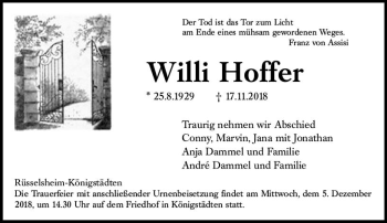 Traueranzeige von Willi Hoffer von vrm-trauer