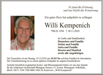 Traueranzeige von Willi Kempenich von vrm-trauer