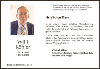 Traueranzeige von Willi Köhler von vrm-trauer