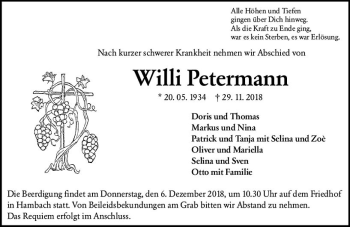 Traueranzeige von Willi Petermann von vrm-trauer