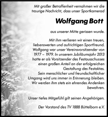 Traueranzeige von Wolfgang Bott von vrm-trauer