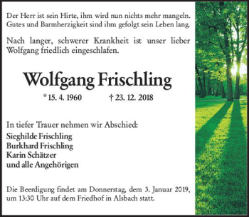Traueranzeige von Wolfgang Frischling von vrm-trauer