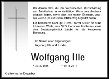 Traueranzeige von Wolfgang Ille von  WNZ - Wetzlarer Neue Zeitung ()
