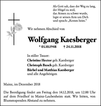 Traueranzeige von Wolfgang Kaesberger von vrm-trauer