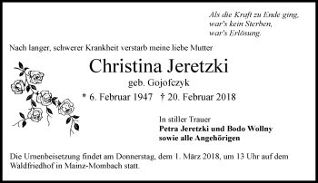 Traueranzeige von Christina Jeretzki von VRM Tageszeitungen GmbH