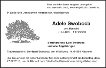 Traueranzeige von Adele Swoboda von Trauerportal Rhein Main Presse
